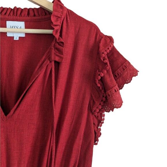 MISA Los Angeles Ruffled Rust Red Linen Mini Dress, Women's Size Small - Picture 5 of 8